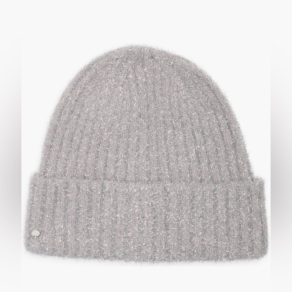 Kate Spade New York Heather Grey Silver Tinsel Knit Beanie Winer Hat OS NWT